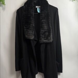 Charter Club Black Faux-Fur Trim Open Cardigan Petite